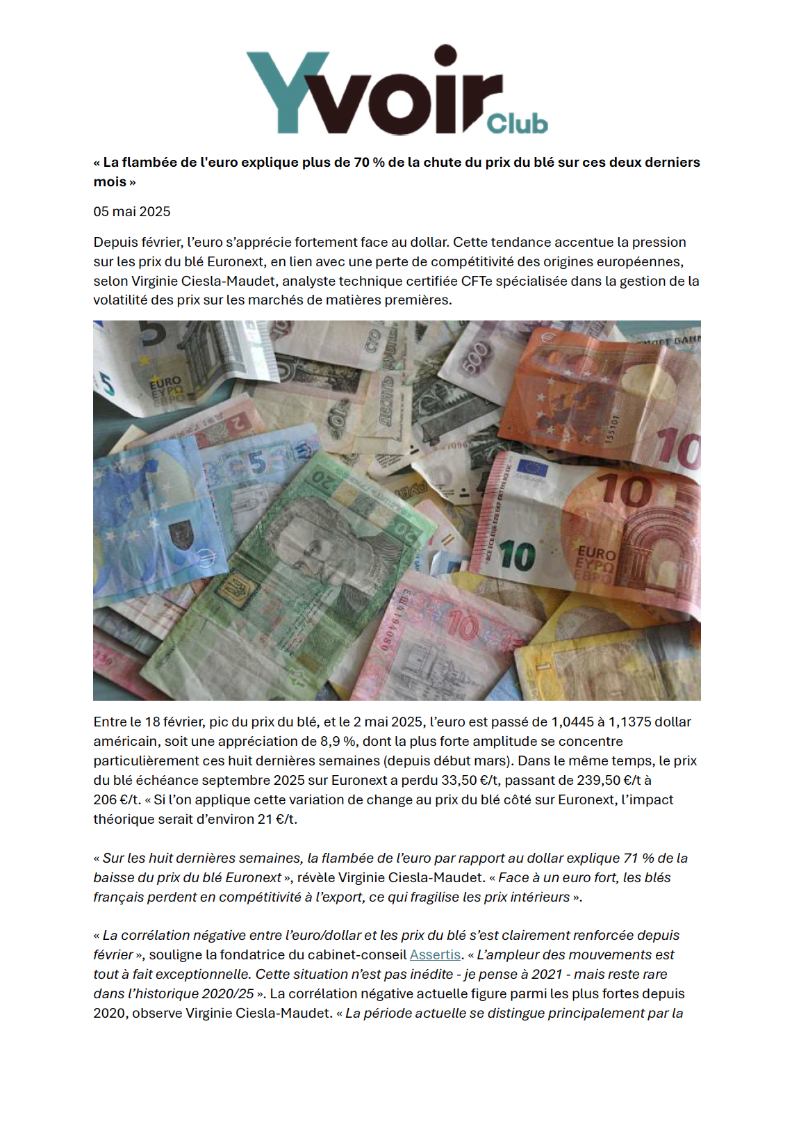 La flambée de l’euro explique plus de 70 % de la chute du prix du blé sur ces deux derniers mois